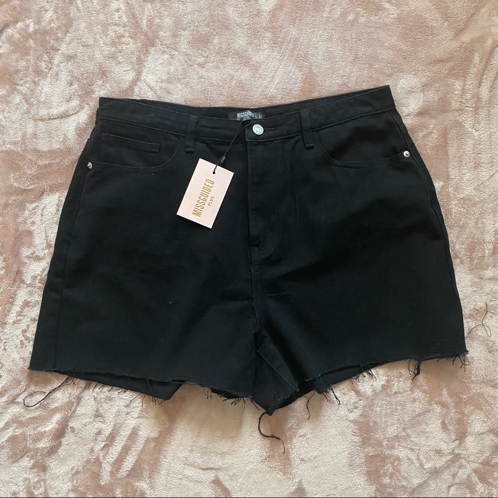 NWT Missguided Recycled plus raw hem black denim shorts